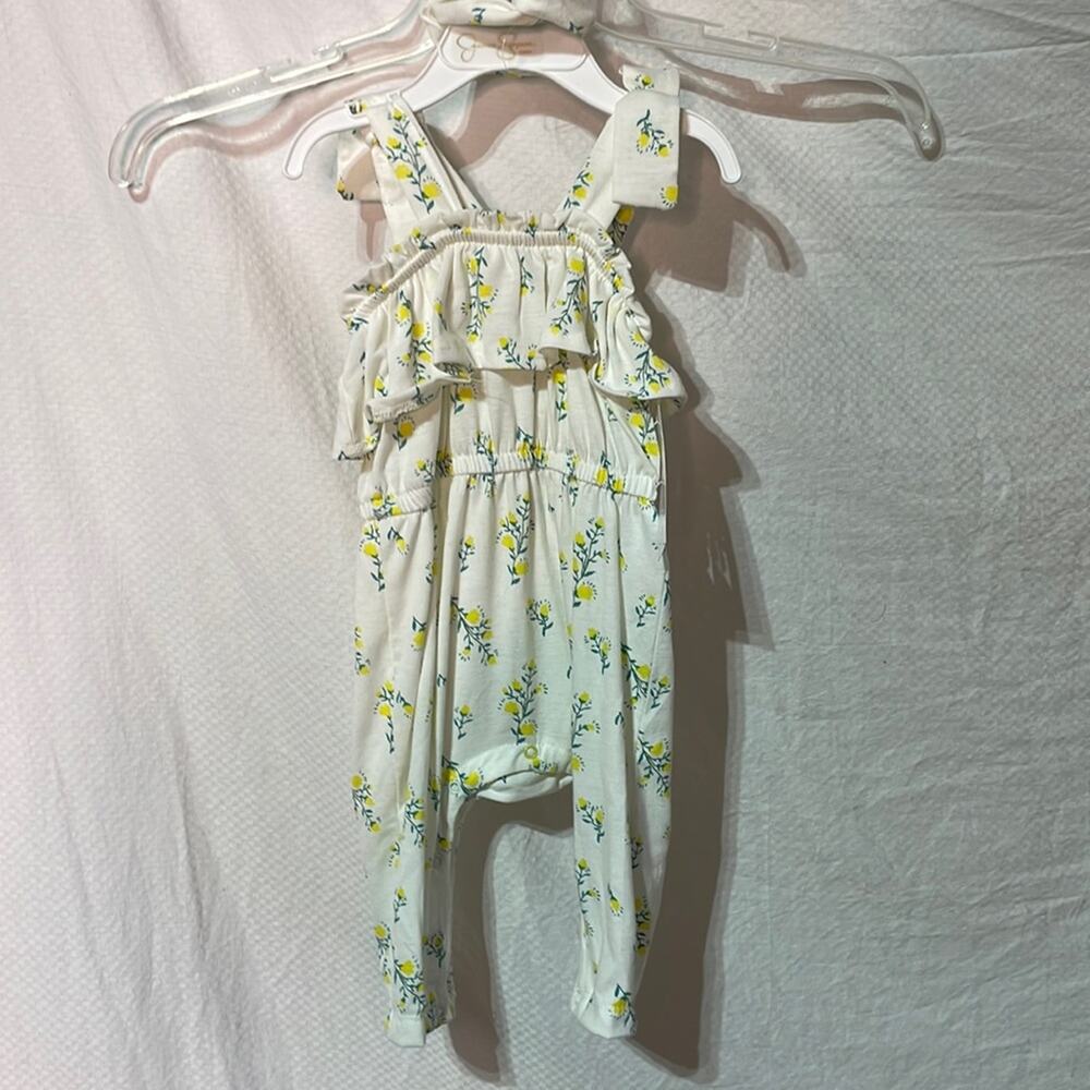 Jessica Simpson 3/6m white yellow floral romper head bow band soft nwt